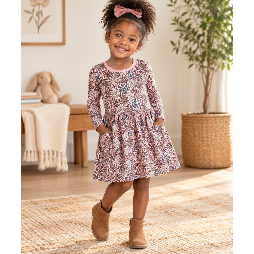 Tea Collection Girls 3T Floral Cotton Dress Pink Long Sleeve Pockets Play